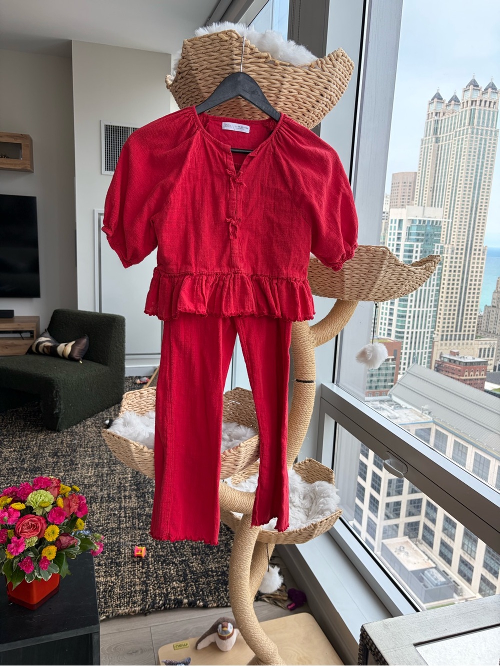 Girls' Red Two-Piece- Cozy Ruffle Top & Pant